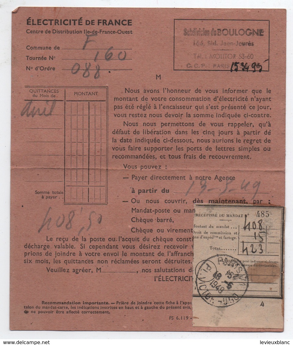 Réclamation De Paiement/ Electricité De France/Subdivision De Boulogne/ LEROUGE/ 1949         GEF67 - Electricité & Gaz