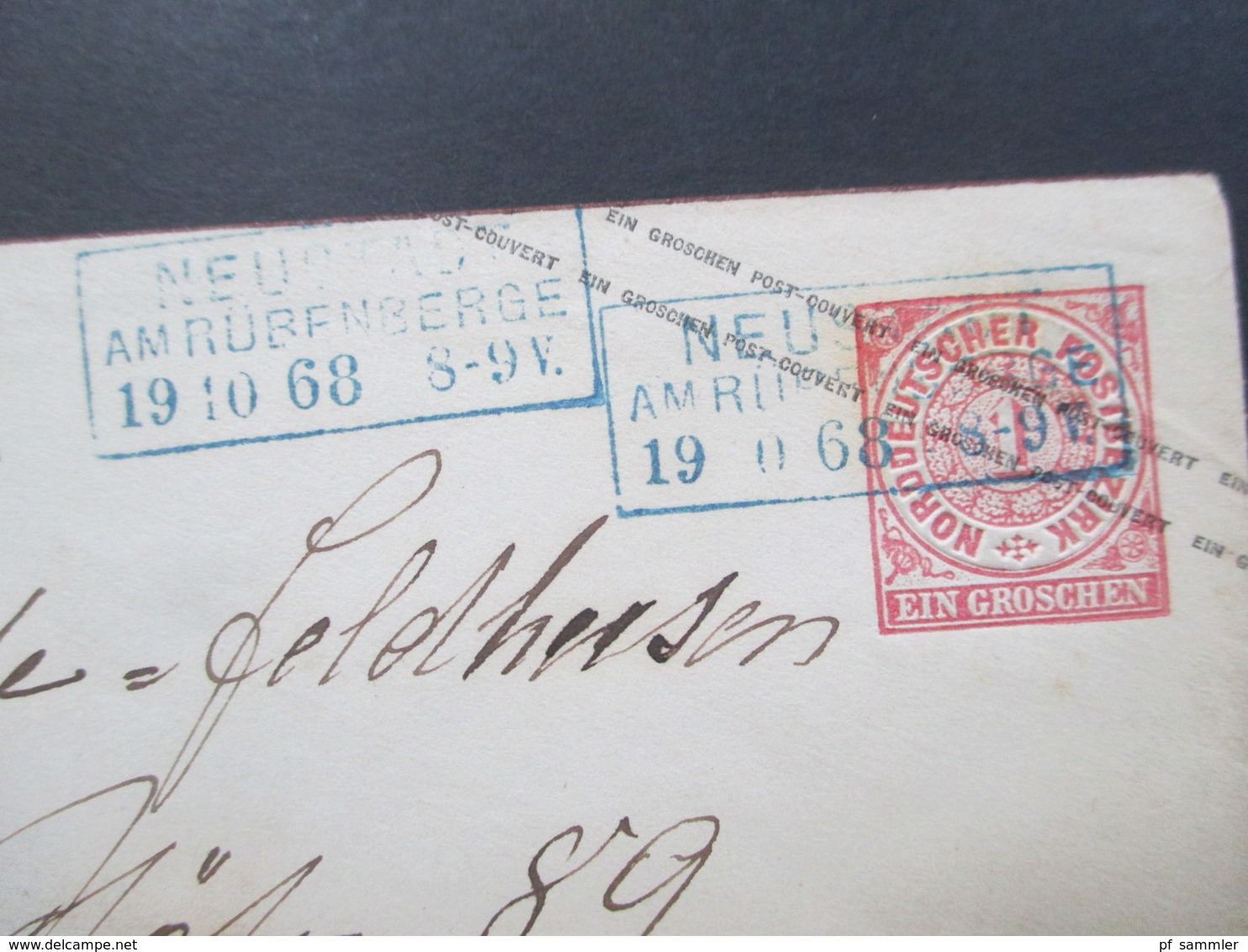 Altdeutschland NDP 1868 GA Umschlag U1 Blauer Stempel Ra3 Neustadt Am Rübenberge (2x) Rückseitig Blauer Ausgabe Stempel - Enteros Postales