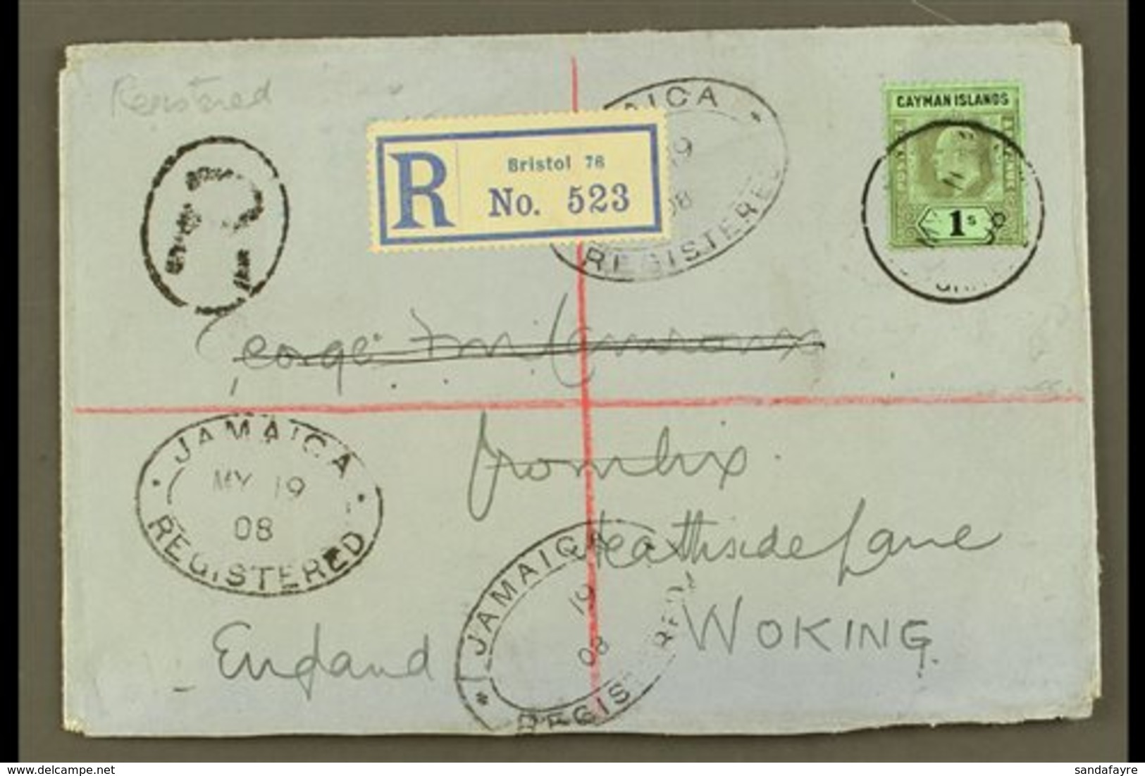 1908 (11 May) Registered Cover To England, Bearing 1907-09 1s Wmk CA Stamp (SG 33) Tied By Cds Cancel, With Registration - Cayman Islands