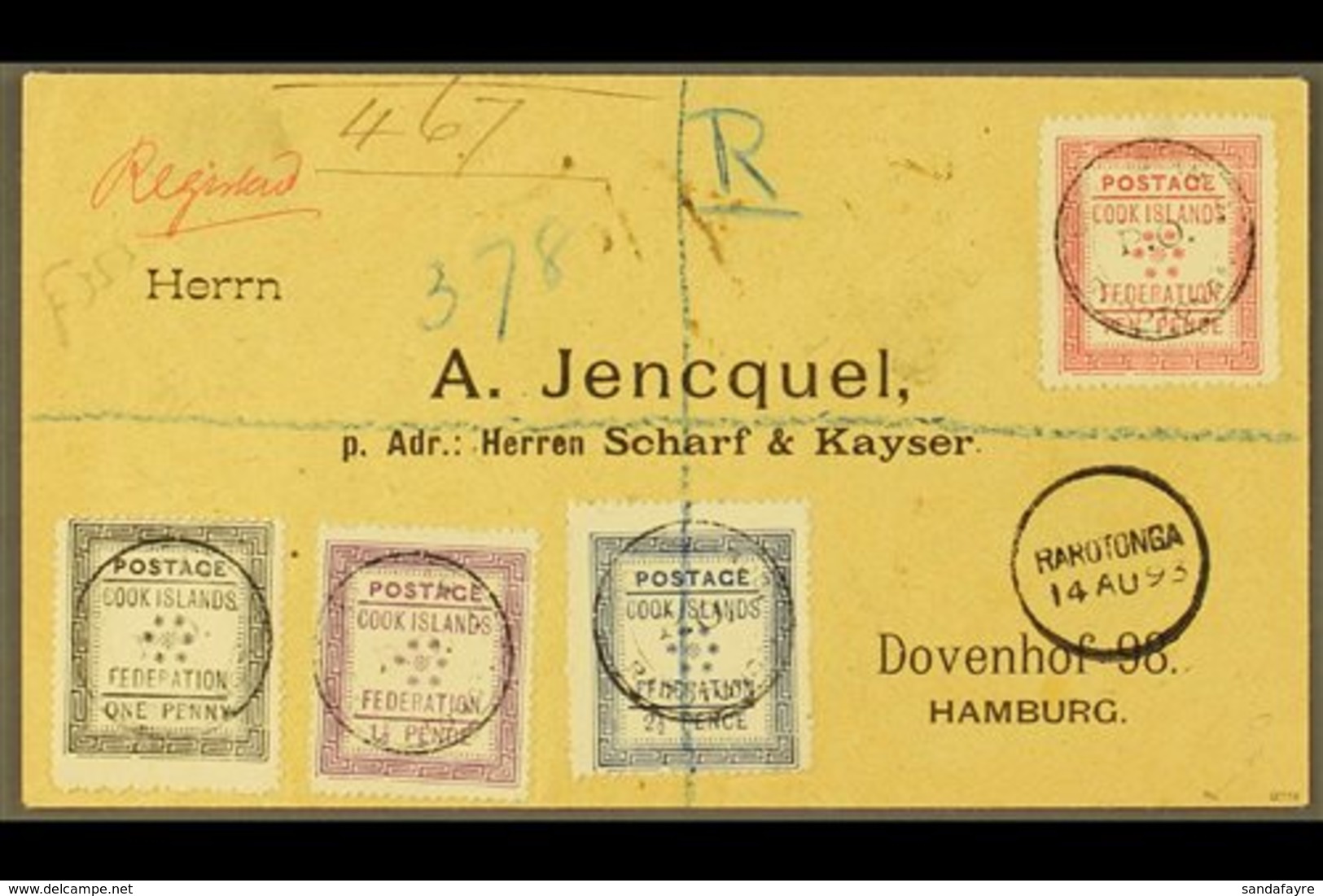 1893 (14th August) Rare Envelope Registered To Germany, Bearing The 1892 Set Of Four, SG 1/4, Tied By Black Cook Islands - Cook Islands