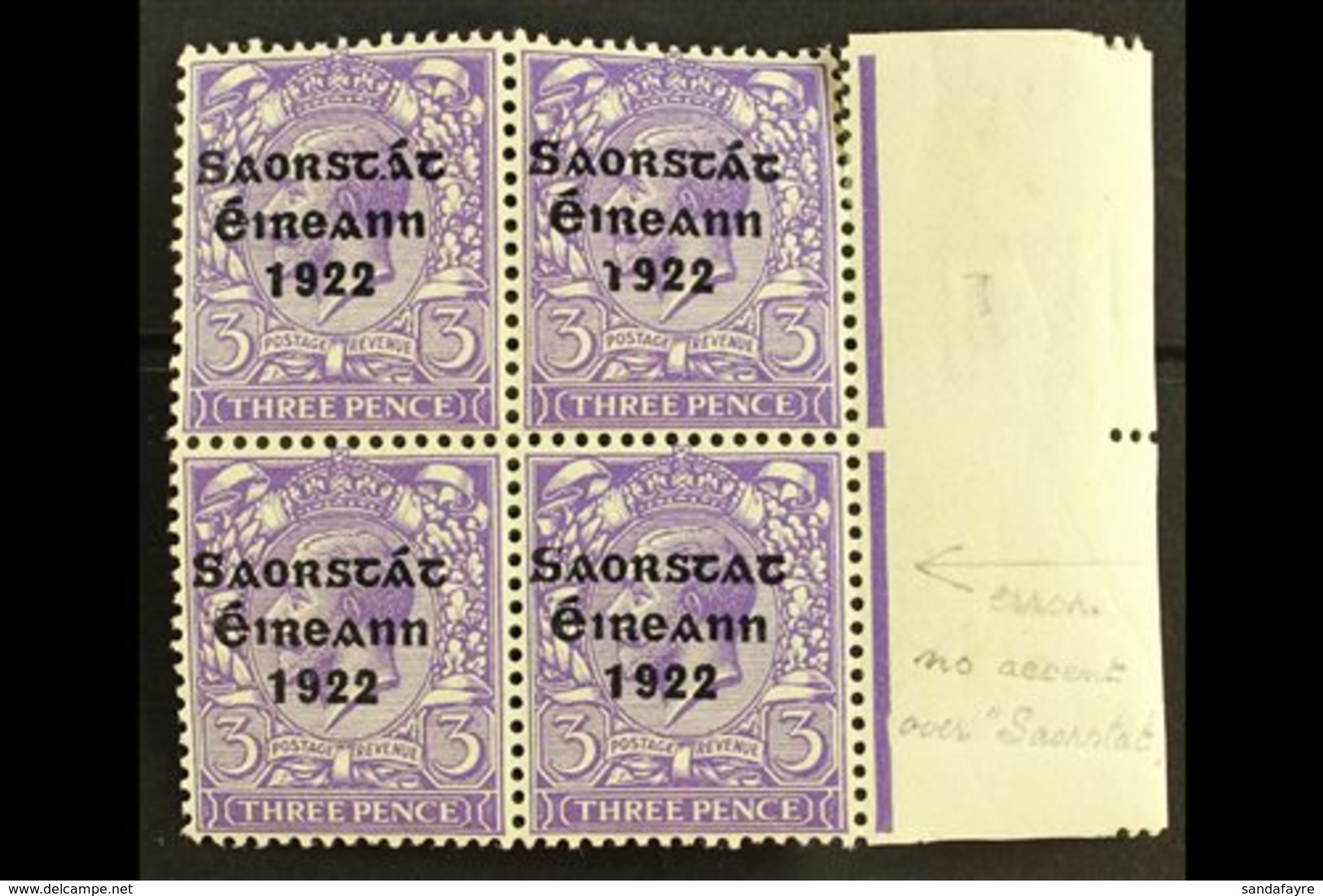 1922-23 SAORSTAT 3d Bluish Violet, Right Marginal Block Of Four, Showing NO ACCENT, SG 57a, Fresh Mint, Light Crease. Fo - Other & Unclassified