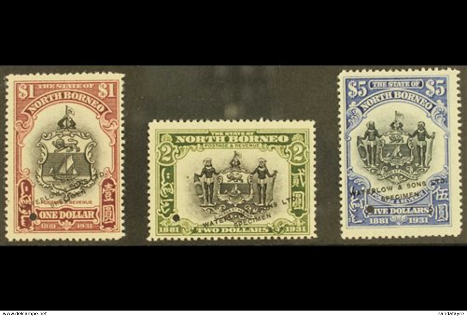 1931 $1, $2 & $5 BNBC Coat Of Arms Stamps In SAMPLE TRIAL COLOURS With Centers In Black And Frames In Unissued Purple, O - North Borneo (...-1963)