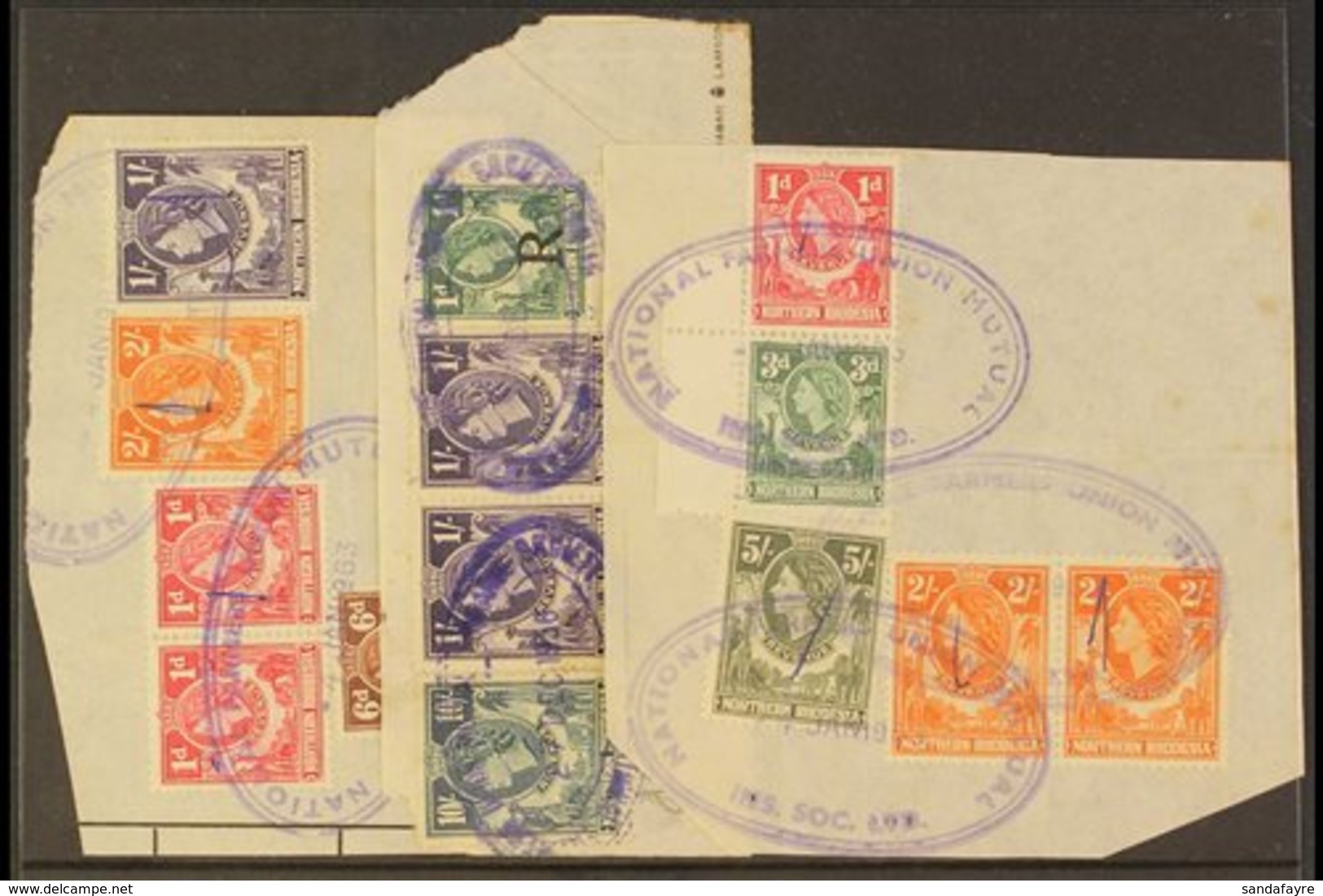 REVENUES 1955 Values Used On Piece, Includes All Values To 2s, Plus 5s & 10s In Various Combinations On Three Pieces, No - Northern Rhodesia (...-1963)