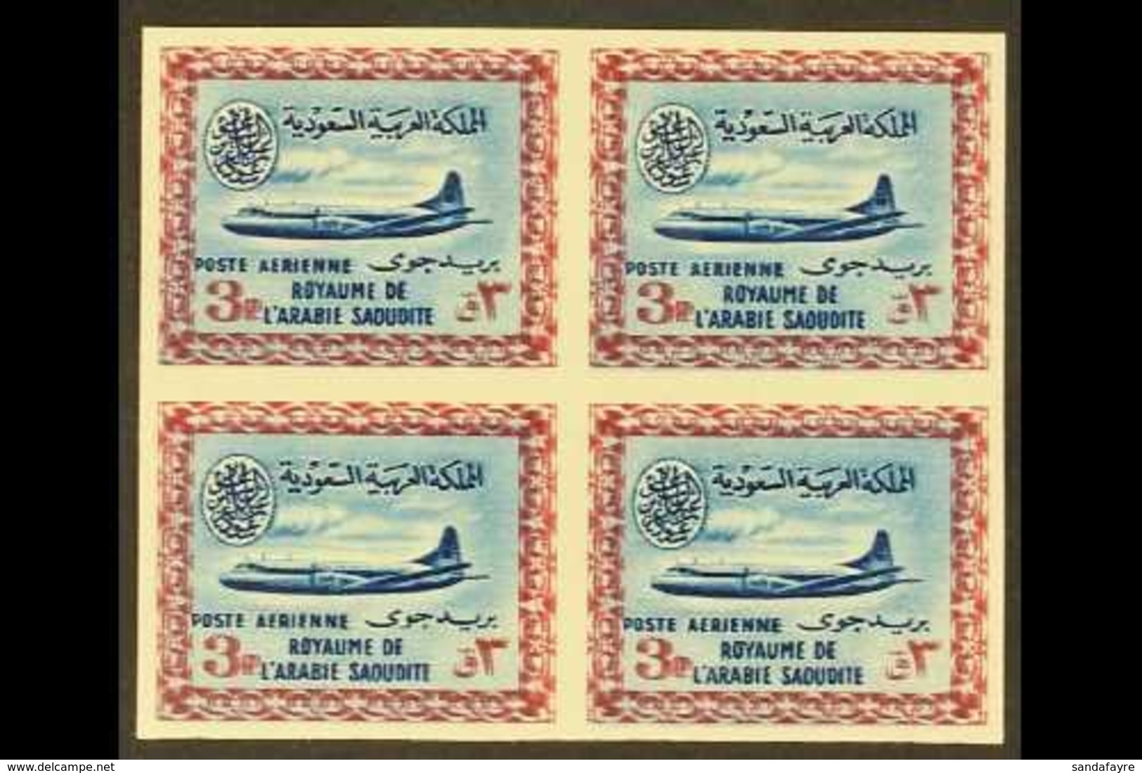 1961 3p Blue And Pale Claret Air, Vickers Viscount, Imperf Block Of 4, Variety "frame Printed Double", As SG 430var (unl - Saudi Arabia