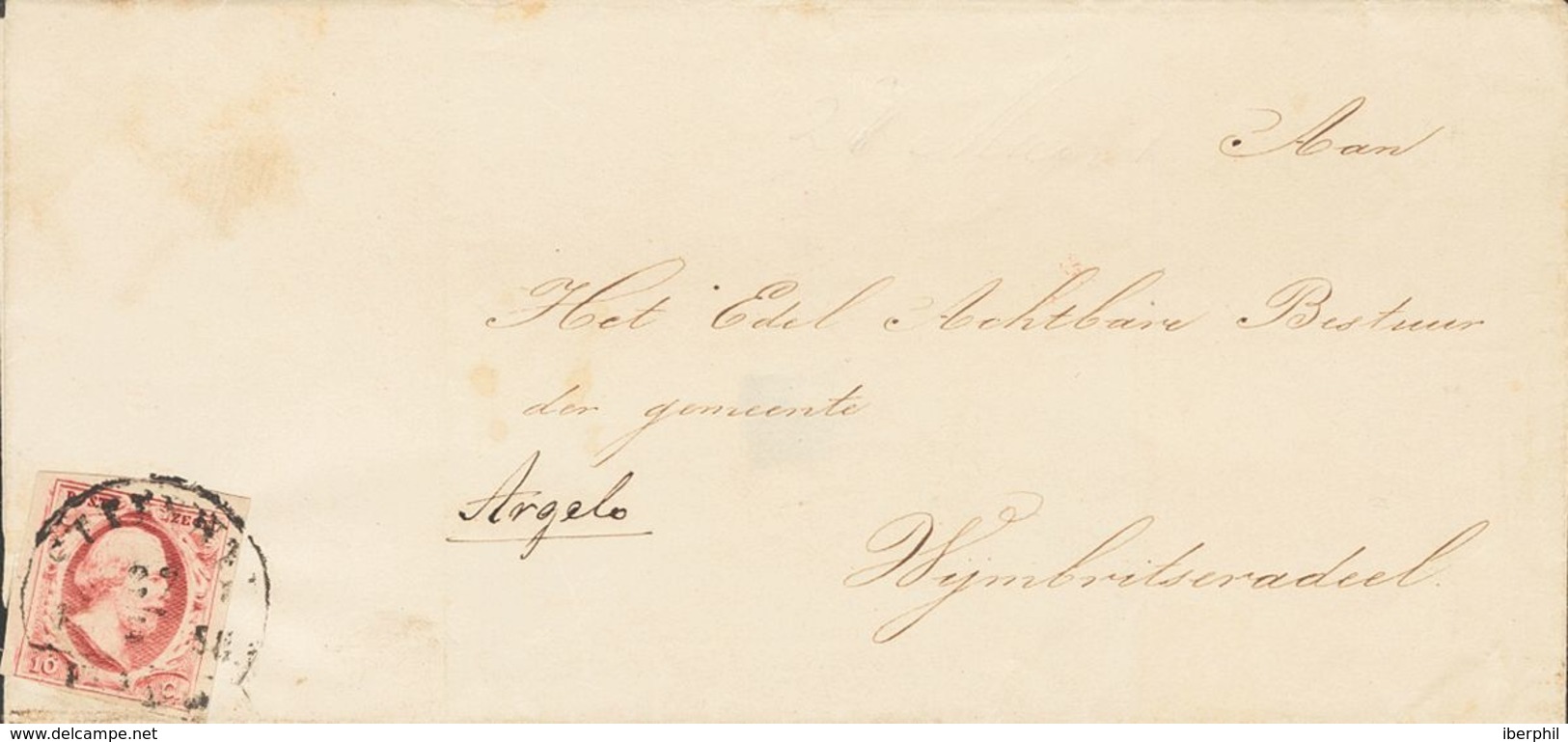 Holanda. SOBREYv 2. 1853. 10 Cent Carmine (Plate I, Position 50). STEENWYK To WYMBRITSERADEEL. Cancelled With STEENWYK D - ...-1852 Prephilately