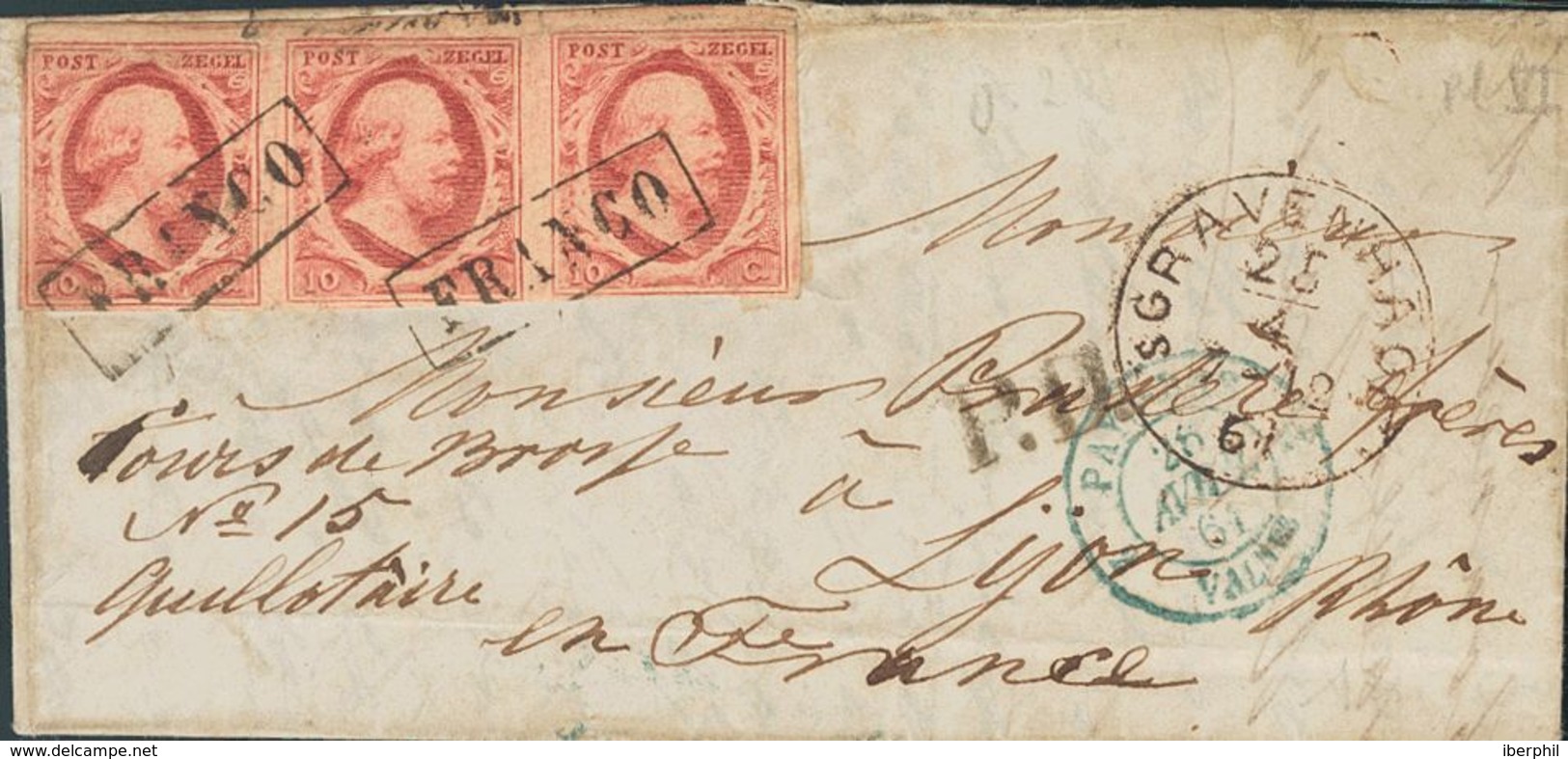 Holanda. SOBREYv 2(3). 1861. 10 Cent Red (Plate VI), Strip Of Three (file Folding In Superior Margin). THE HAGUE To LYON - ...-1852 Prephilately