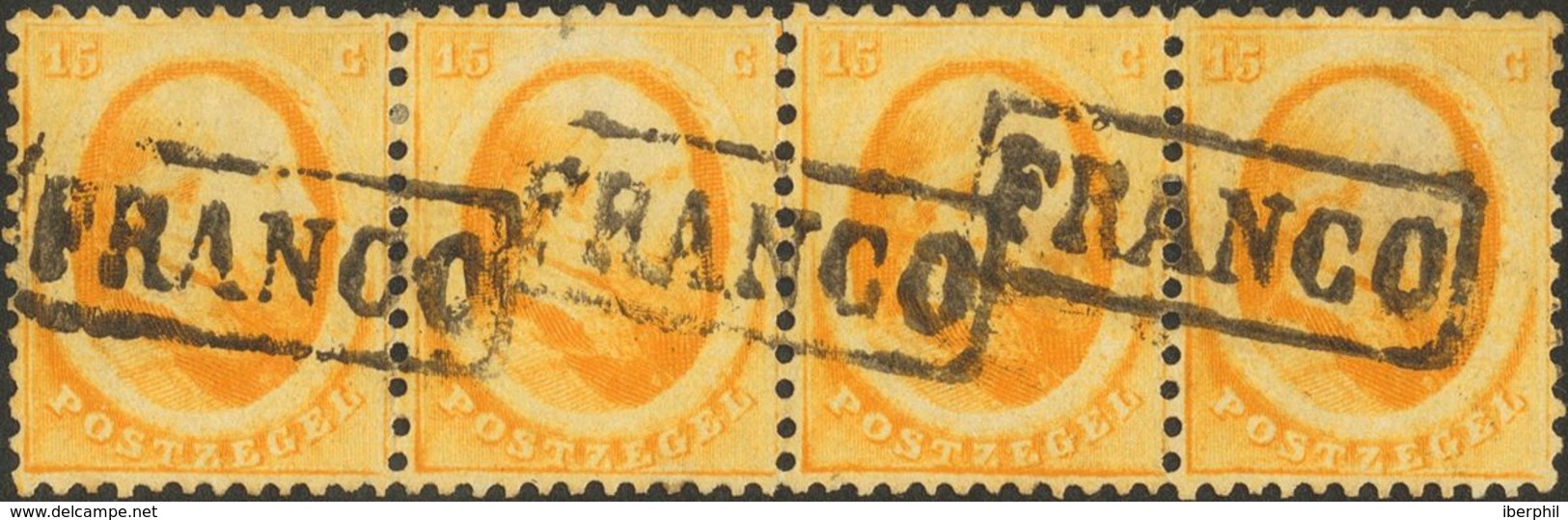 Holanda. ºYv 4/6(5). 1864. Complete Set In Strips Of Four. Framed FRANCO Cancel . VERY FINE AND RARE. (NVPH 4/6, 1375 Eu - ...-1852 Prephilately
