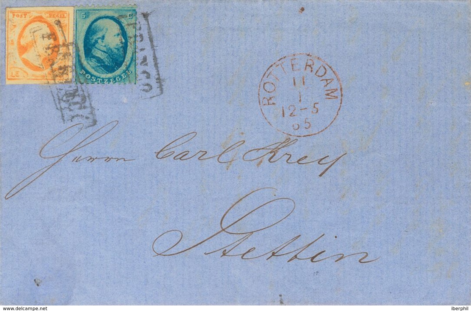 Holanda. SOBREYv 3, 4. 1865. 15 Cent Orange And 5 Cent Blue Of 1864 Issue (Utrech Print). ROTTERDAM To STETTIN (PRUSSIA, - ...-1852 Prephilately