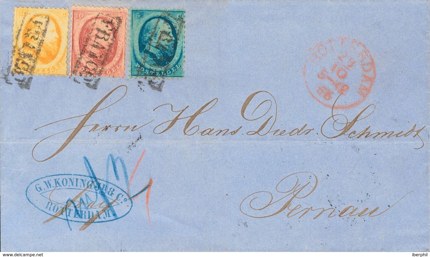 Holanda. SOBREYv . 1866. 5 Cent Blue (short Perforation), 10 Cent Red And 15 Cent Orange. ROTTERDAM To PERNAU (ESTLAND). - ...-1852 Prephilately