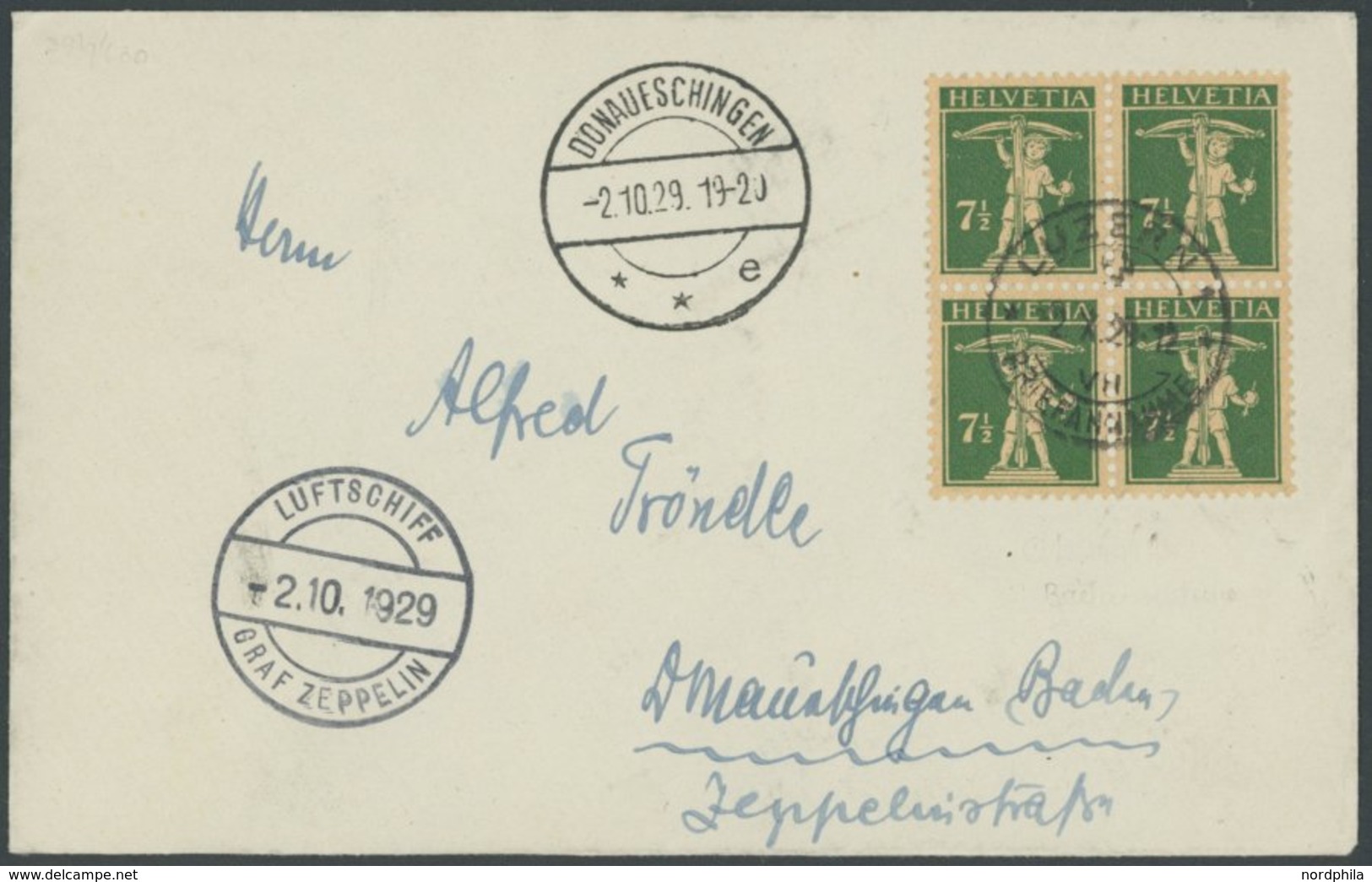 ZEPPELINPOST 39b BRIEF, 1929, 4. Schweizfahrt, Abwurf Luzern, Frankiert Mit 71/2 Rp. Tell Im Viererblock, Prachtbrief - Airmail & Zeppelin