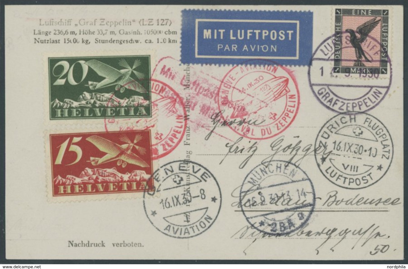 ZEPPELINPOST 86B BRIEF, 1930, Landungsfahrt Nach Genf, Bordpost, Deutsch-schweizerische Frankatur Und Postsonderstempel, - Correo Aéreo & Zeppelin