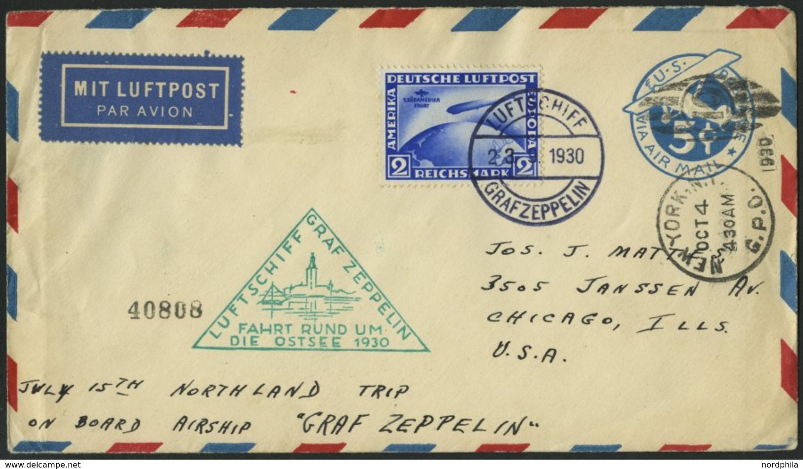 ZEPPELINPOST 88Dc BRIEF, 1930, Ostseefahrt, Abwurf Stockholm, Bordpost, Auf Brief In Die USA, Frankiert Mit 2 RM Südamer - Airmail & Zeppelin