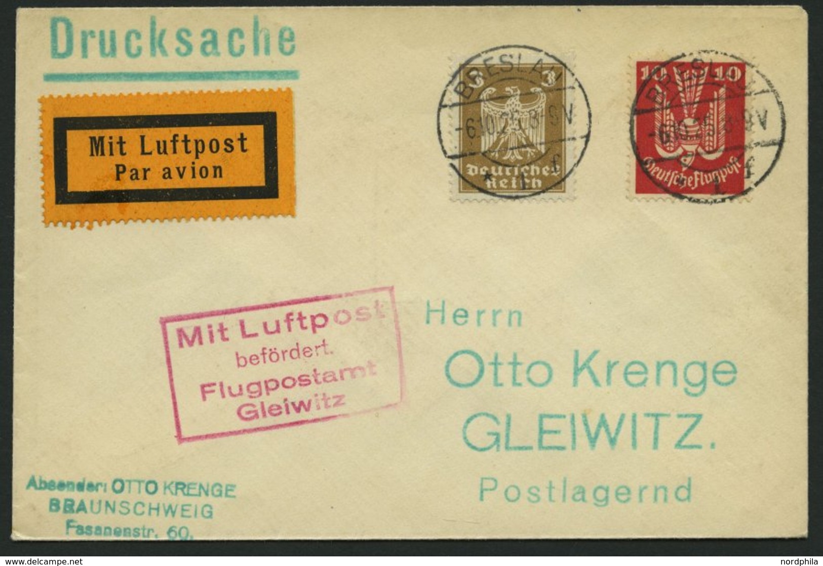 LUFTPOSTBESTÄTIGUNGSSTPL 45-01a BRIEF, GLEIWITZ In Rot, Drucksache Von BRESLAU Nach Gleiwitz, Prachtbrief - Airmail & Zeppelin