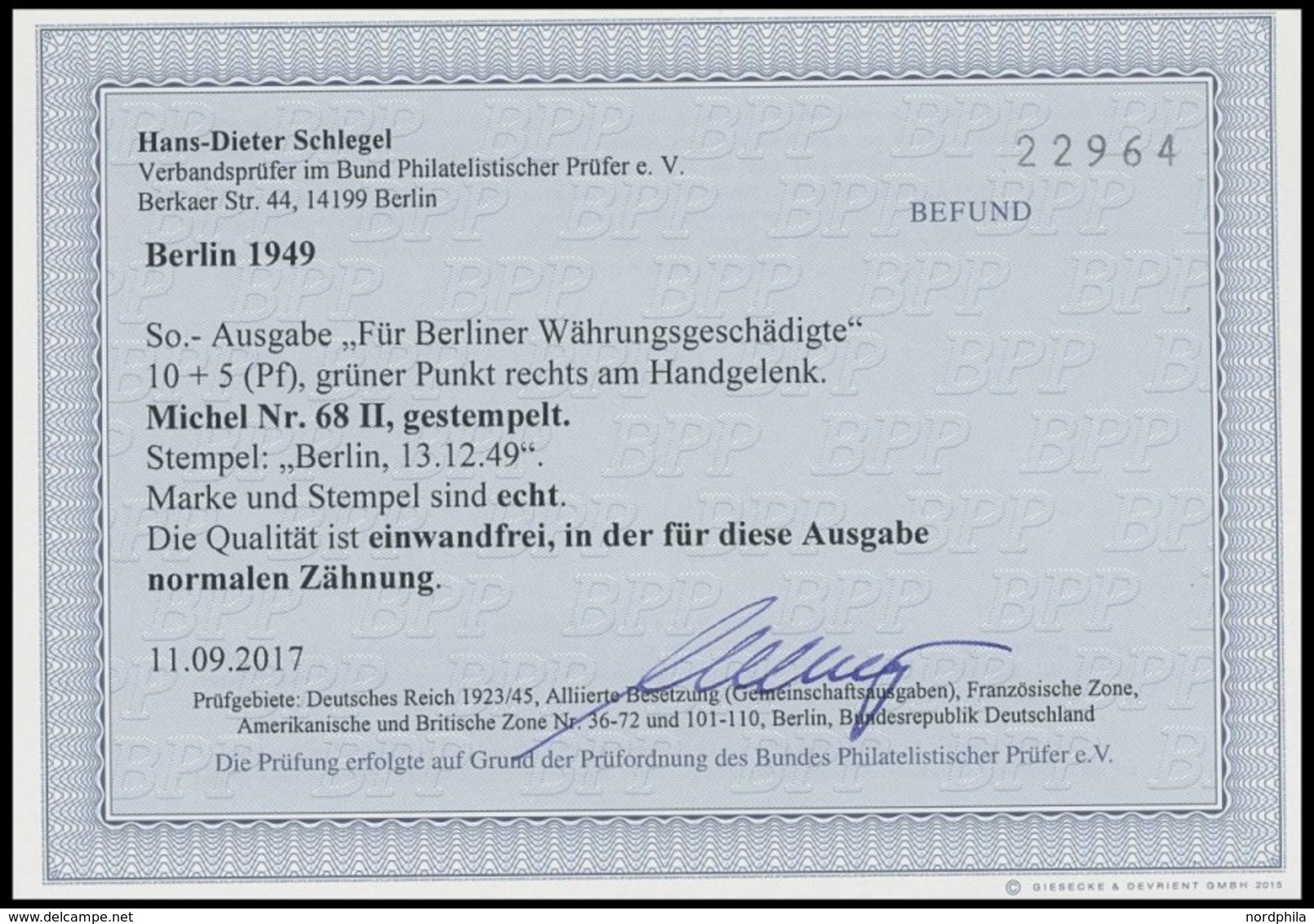 BERLIN 68II O, 1949, 10 Pf. Währungsgeschädigte Mit Abart Grüner Punkt Rechts Am Handgelenk, Normale Zähnung, Pracht, Fo - Other & Unclassified