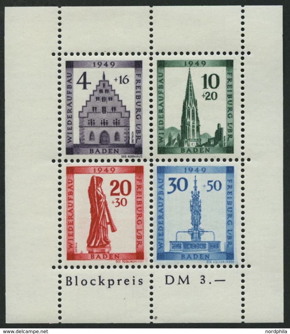 BADEN Bl. 1AI **, 1949, Block Freiburg, Gezähnt, Mit Abart Sirene Neben Sockel Des Engels, Feinst, Gepr. Schlegel, Mi. 3 - Autres & Non Classés