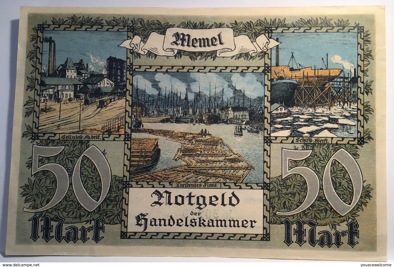 Memel 1922 50 Mark Ro.852a UNC- Notgeld Handelskammer Memelgebiet(Geldschein Russia Banknote Billet France Lithuania - WWI