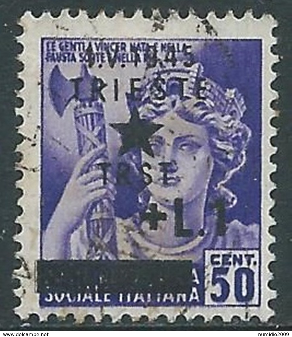 1945 OCC. JUGOSLAVA TRIESTE USATO 1 LIRA SU 50 CENT - RA8-3 - Occ. Yougoslave: Trieste