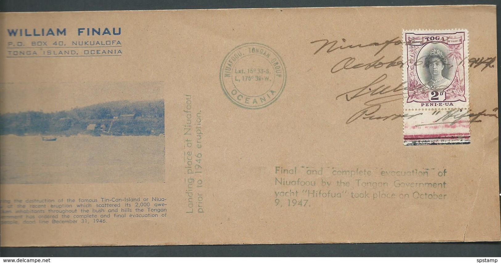 Tonga 1947 Niuafo'ou Evacuation Cover With 2d Queen Salote Single Tied By Manuscript Cancel , Sealed 50 Mm Tear At Base - Tonga (...-1970)