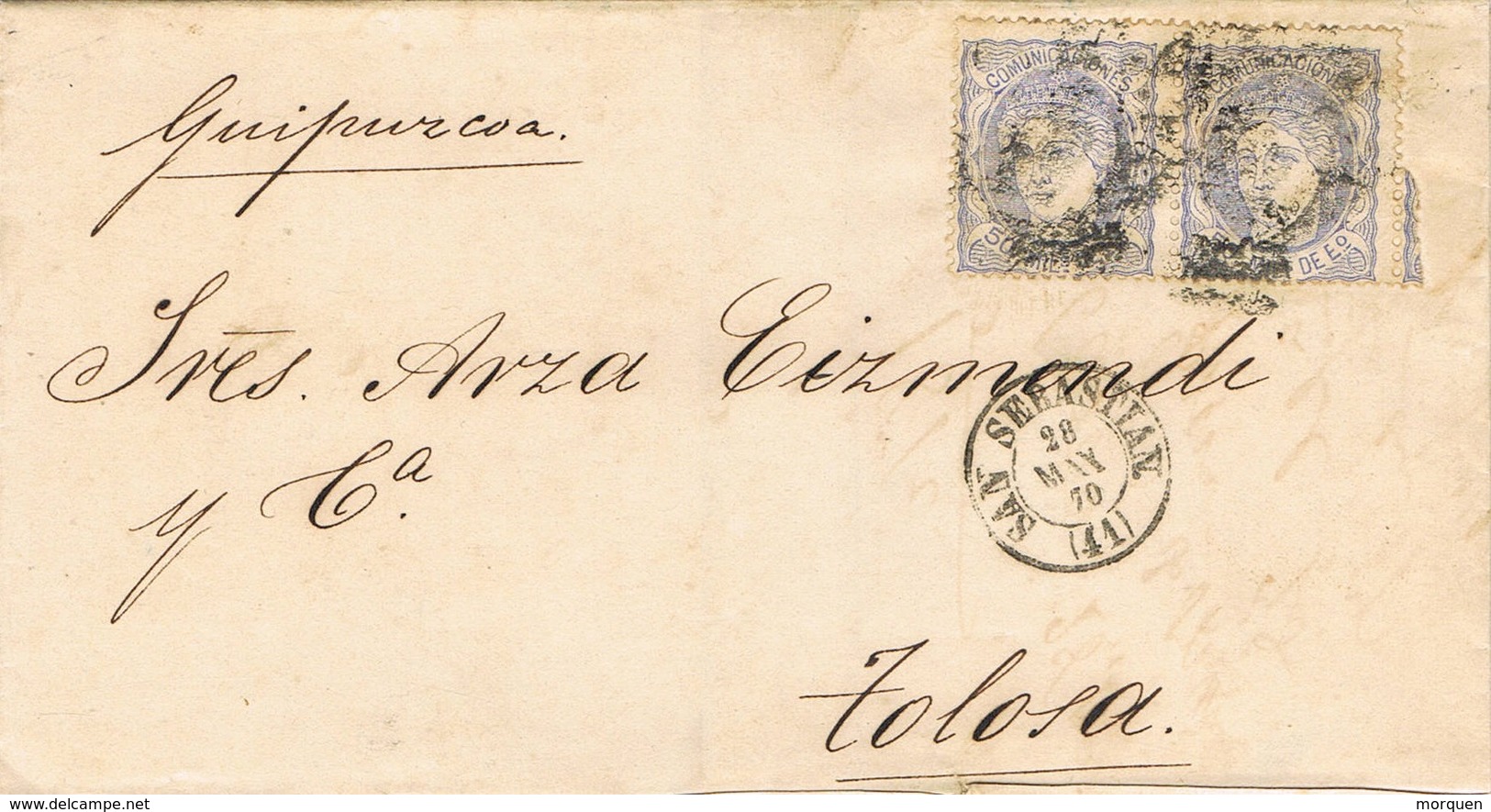 33378. Envuelta SAN SEBASTIAN 1870. DOBLE Porte. Rueda Carreta Num 41. Alegoria - Lettres & Documents