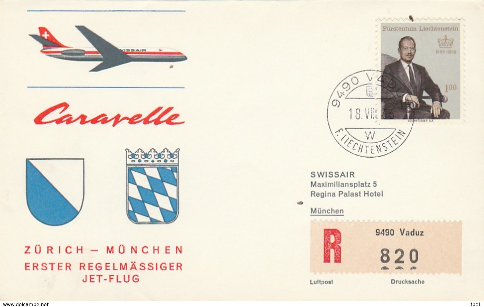 Liechtenstein - Flight Zurich-Munchen  Swissair (Registered Vaduz) Caravelle  1966 - Briefe U. Dokumente