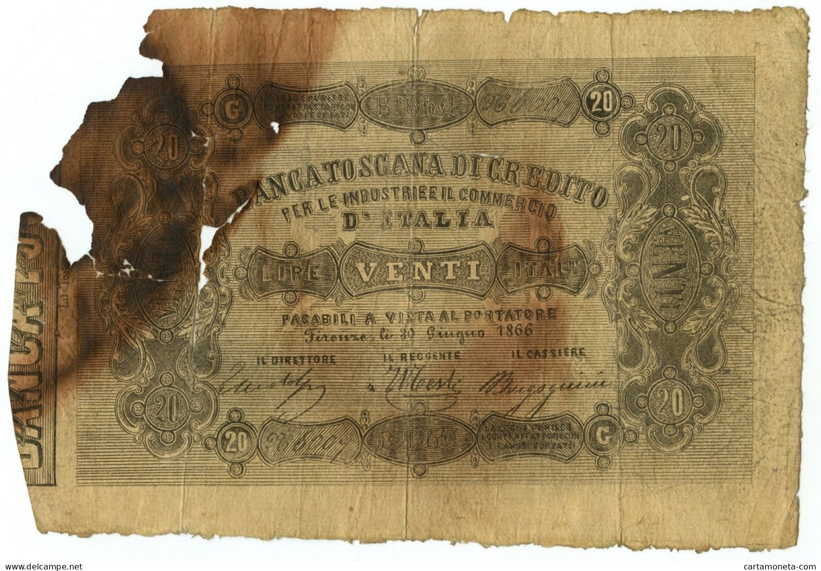 20 LIRE FALSO D'EPOCA BANCA TOSCANA DI CREDITO INDUSTRIA COMMERCIO 20/06/1866 MB - [ 8] Fictifs & Specimens