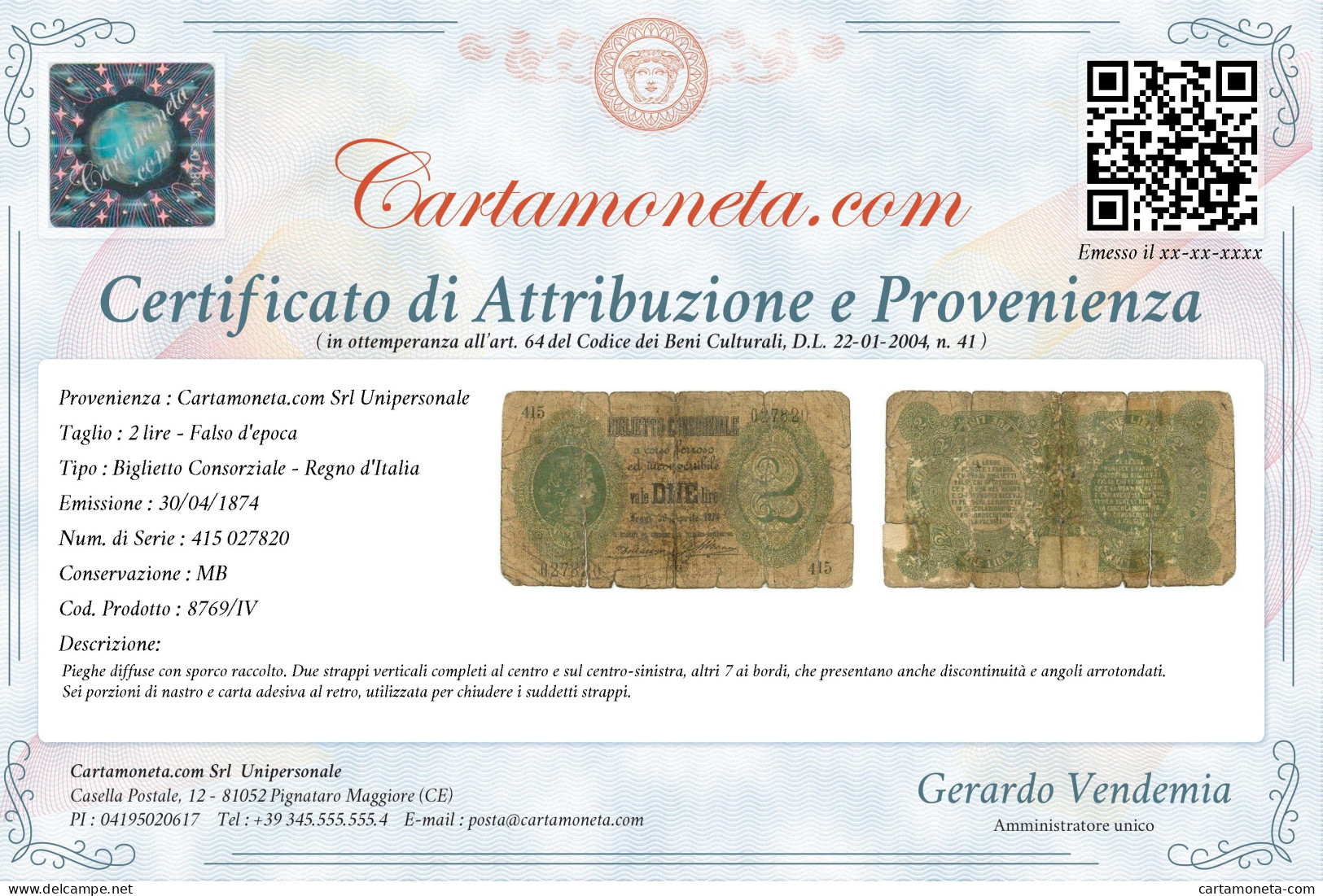 2 LIRE FALSO D'EPOCA BIGLIETTO CONSORZIALE REGNO D'ITALIA 30/04/1874 MB - [ 8] Fictifs & Specimens