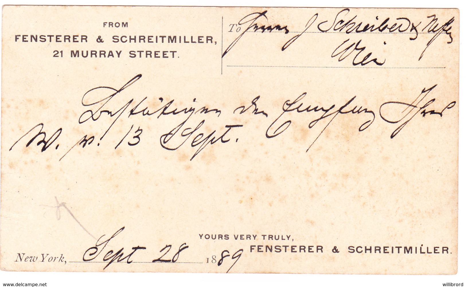 UNITED STATES - 1889 2c Blue Liberty Postal Stationery Card - Used New York To Bezirk Alsergrund Austria - PTD BACK - ...-1900