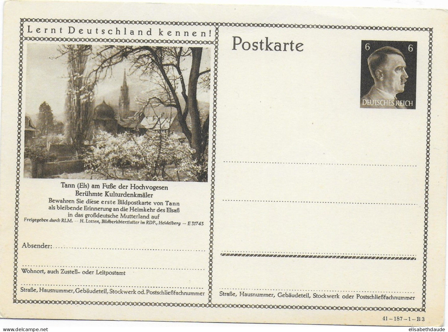 1941 - ALSACE ANNEXEE - CARTE ENTIER ILLUSTREE De THANN "DECOUVREZ L'ALLEMAGNE" - STORCH I5 COTE = 30 EUR. - Ongebruikt