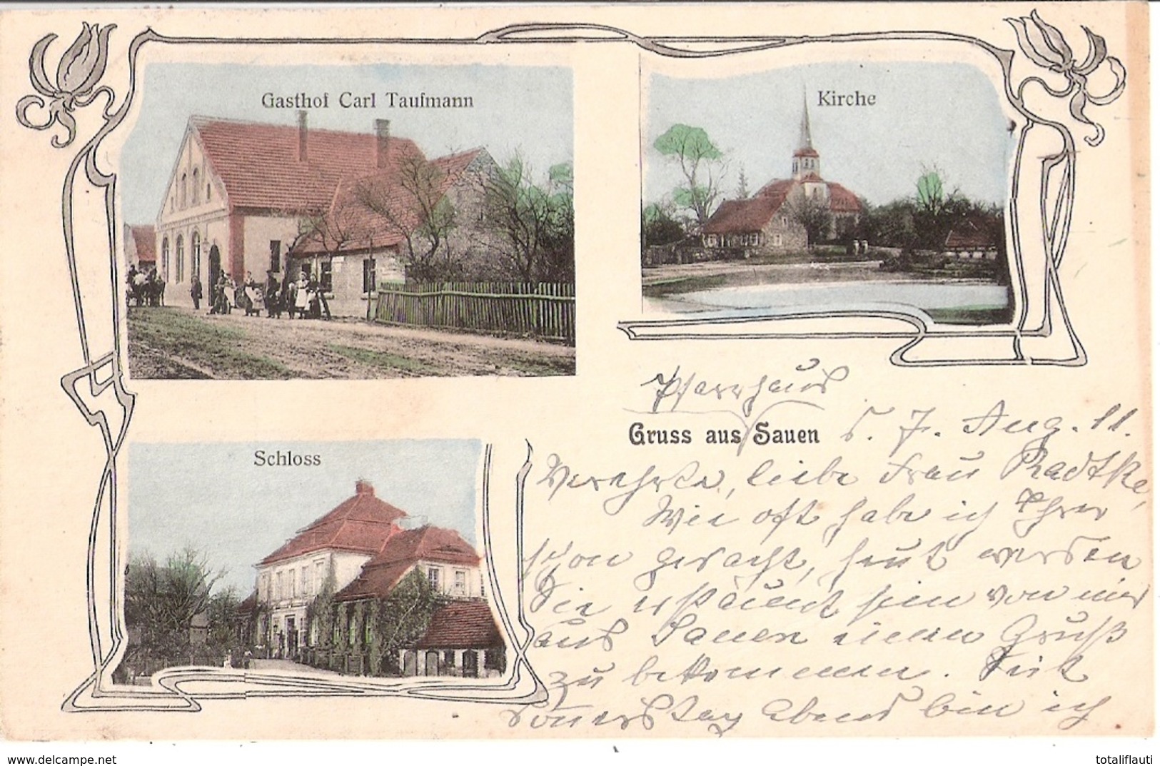 Gruss Aus SAUEN Gem Rietz Neuendorf Gasthof Schloss Jugendstil Bahnpost BEESKOW - ...UNOW ZUG 2251 7.8.1911 - Rietz-Neuendorf