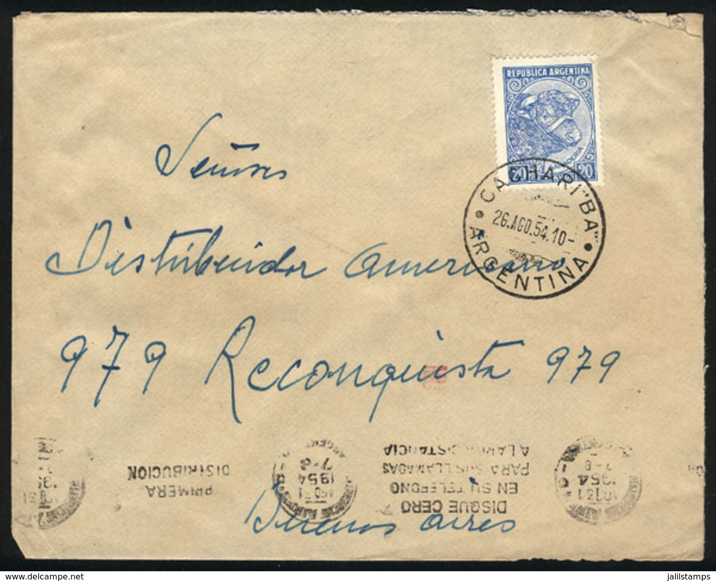 ARGENTINA: Cover Sent From CACHARÍ (Buenos Aires) To Buenos Aires City On 26/AU/1954, VF Quality - Covers & Documents