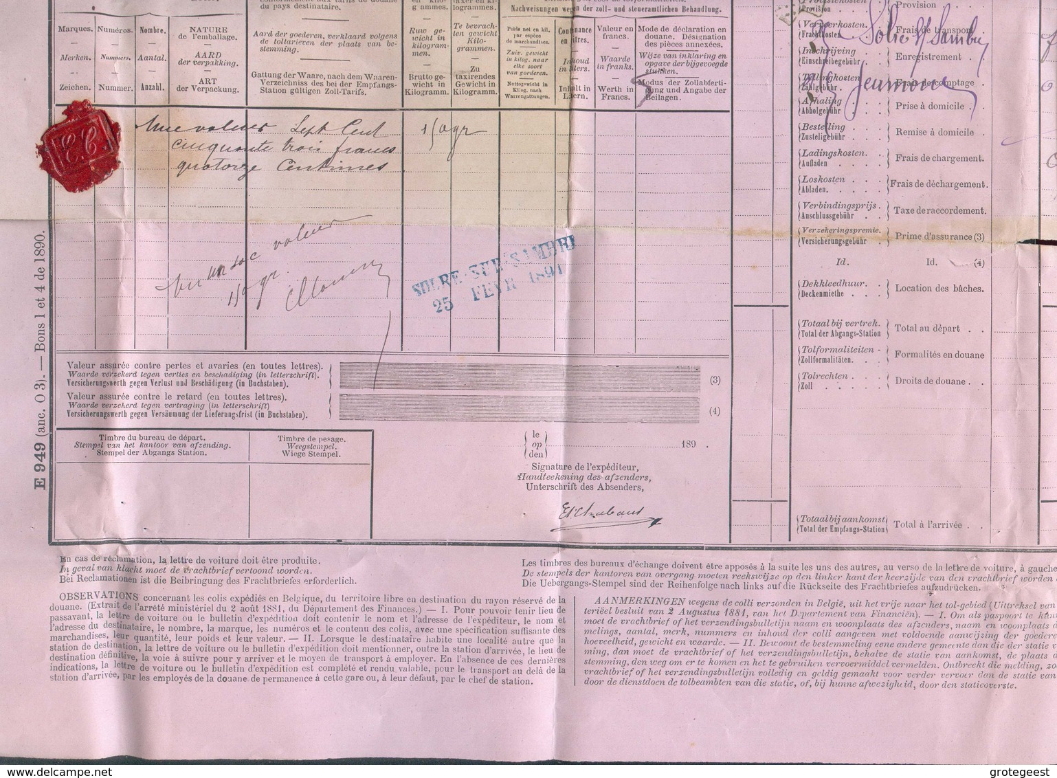 Lettre De Voiture à Grande Vitesse Expédiée De SOLRE SUR SAMBRE 25 FEV. 1891 (griffe Bleue) Vers Trélon (F) + Timbres Qu - Nord Belge
