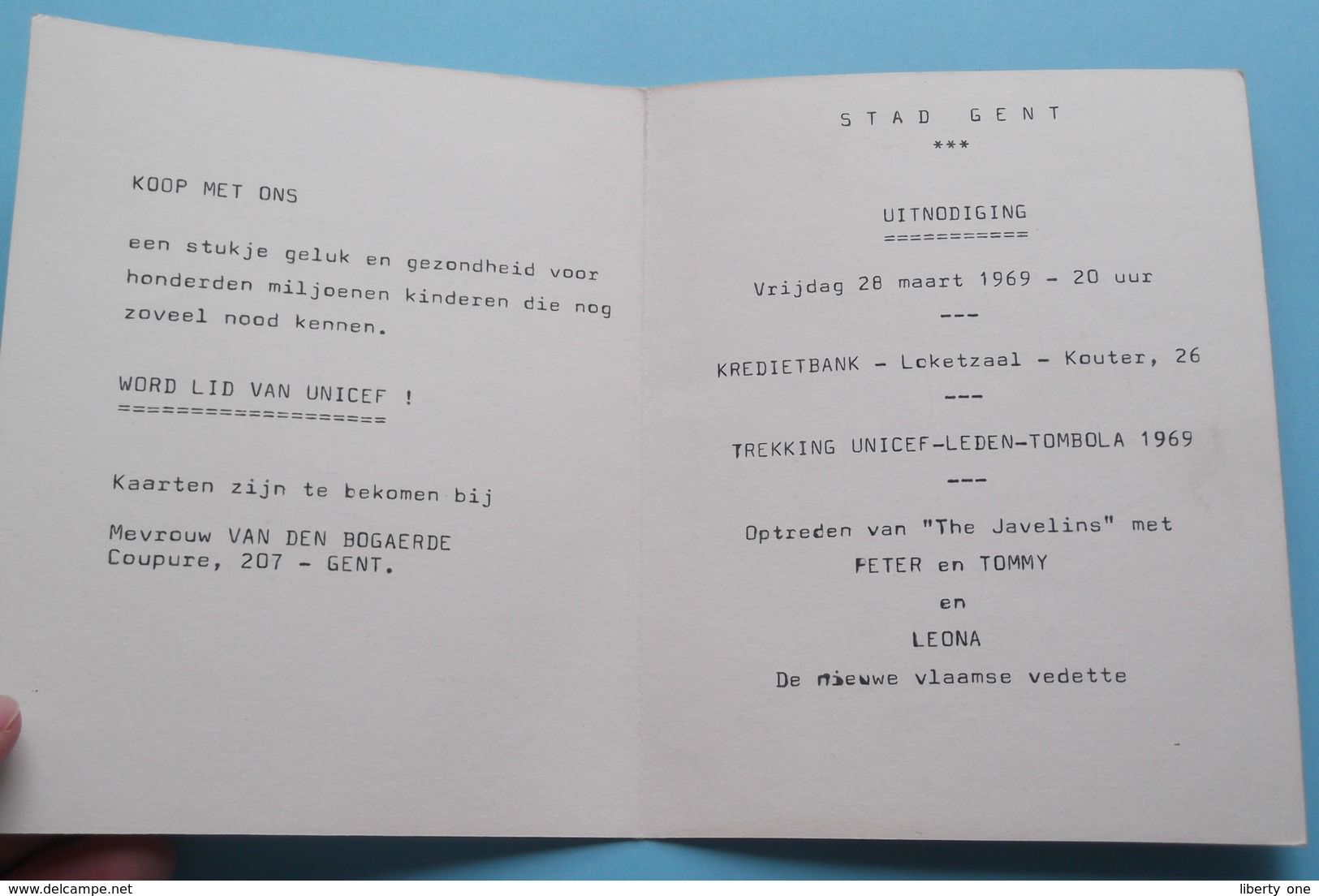 Word LID Van UNICEF ! Stad GENT > Uitnodiging 28 Maart 1969 Trekking TOMBOLA Met " The Javelins " Peter, Tommy & Leona ! - Sonstige & Ohne Zuordnung