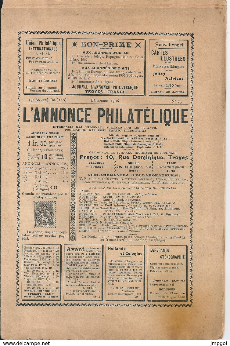 L'Annonce Philatélique N°73 Décembre 1906 "Les Têtes-Bêches" Français - Frans (tot 1940)