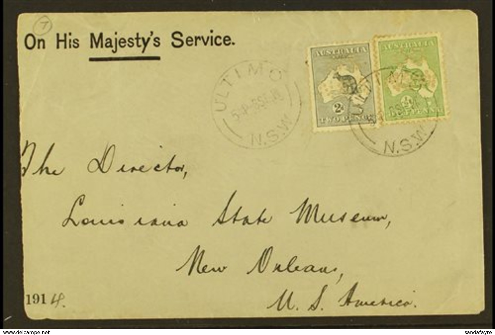 OFFICIALS ON COVER 1914 "OHMS" Cover To USA, Franked With ½d & 2d Roos Punctured "OS / NSW," Tied By ULTIMO 8.9.14 Postm - Altri & Non Classificati