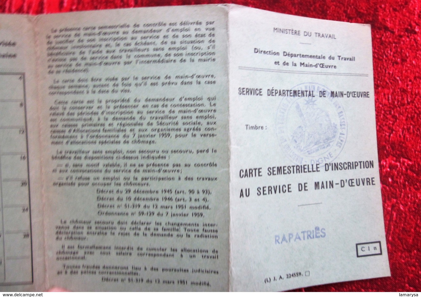 RAPATRIÈS CARTE SEMESTRIELLE INSCRIPTION SERVICE MAIN ŒUVRE MINISTÈRE TRAVAIL 1963 Née 1920 MOSTAGANEM ALGÉRIE RES DIGNE - Croce Rossa