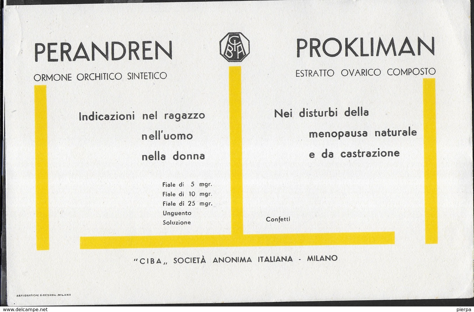 PUBBLICITA' FARMACI PERANDREN-PROKLIMAN CIBA -  SU CARTA ASSORBENTE NUOVA - 22,50X14,50 - F