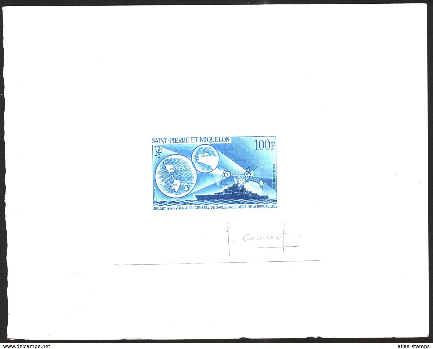 St Pierre & Miquelon 1967 - Croiseu " Colber" ,Yvert# PA39 - Epreuve D'artitse  , Signée - Imperforates, Proofs & Errors