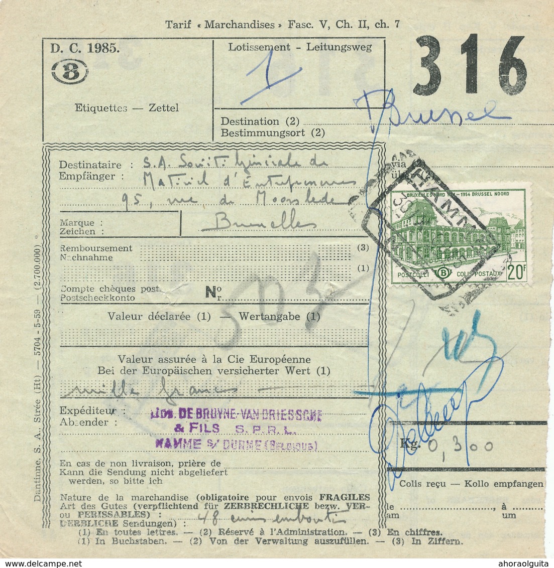 29/428 -- Timbre Pour ASSURANCE 1000 F Gare De HAMME 1960 S/ Formule De Colis Chemin De Fer - Exp. Jos De Bruyne § Fils - Andere & Zonder Classificatie