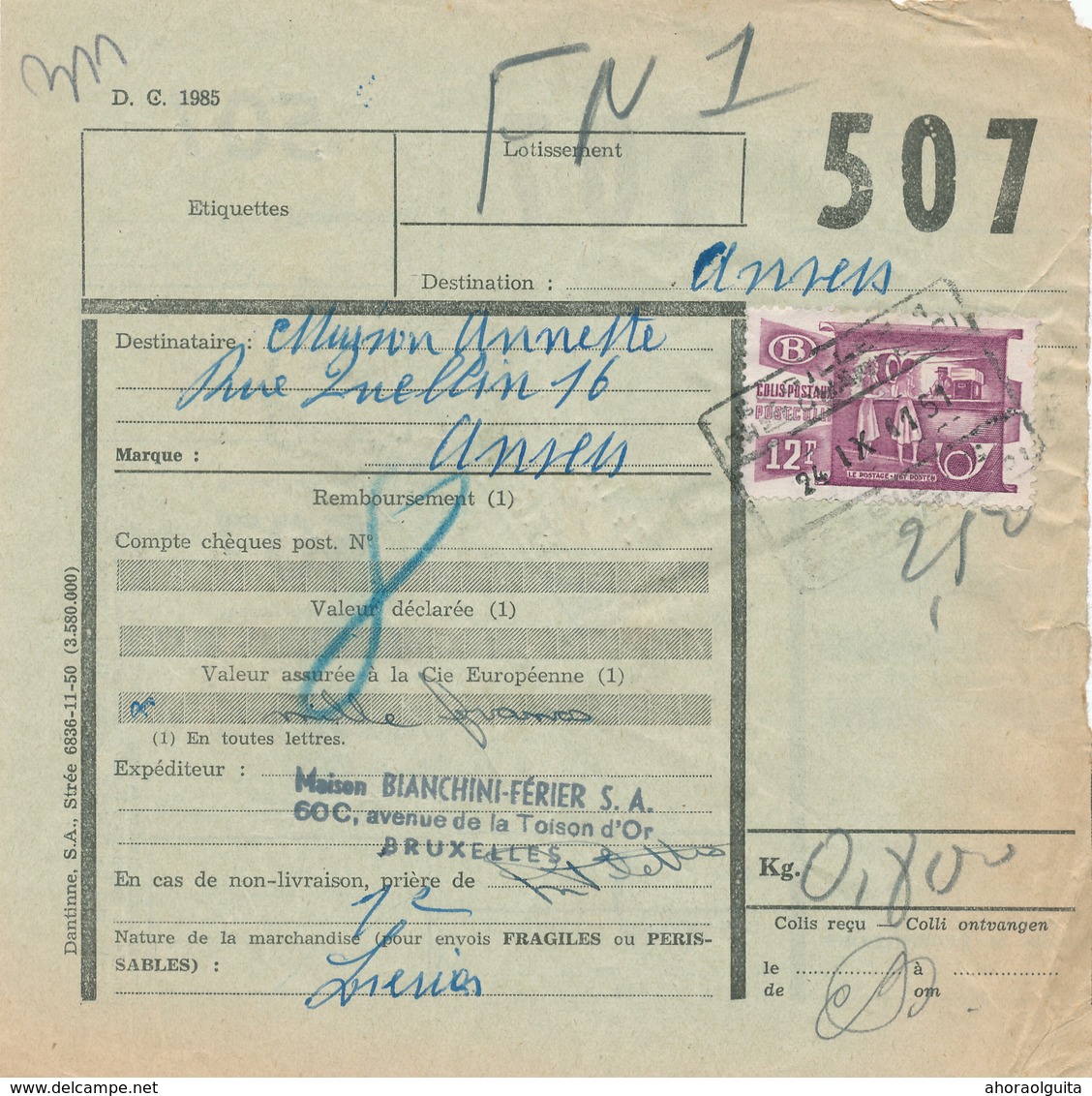 29/429 -- Timbre Pour ASSURANCE 1000 F Bureau De ST GILLES Chée De Charleroi 1951 S/ Formule De Colis Chemin De Fer - Autres & Non Classés