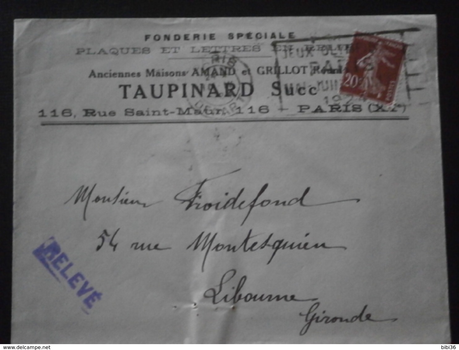 FRANCE TIMBRE 139 SEMEUSE LETTRE ENVELOPPE PLI COURRIER FLAMME PARIS DEPART JEUX OLYMPIQUES JO 1924 FONDERIE TAUPINARD - Summer 1924: Paris