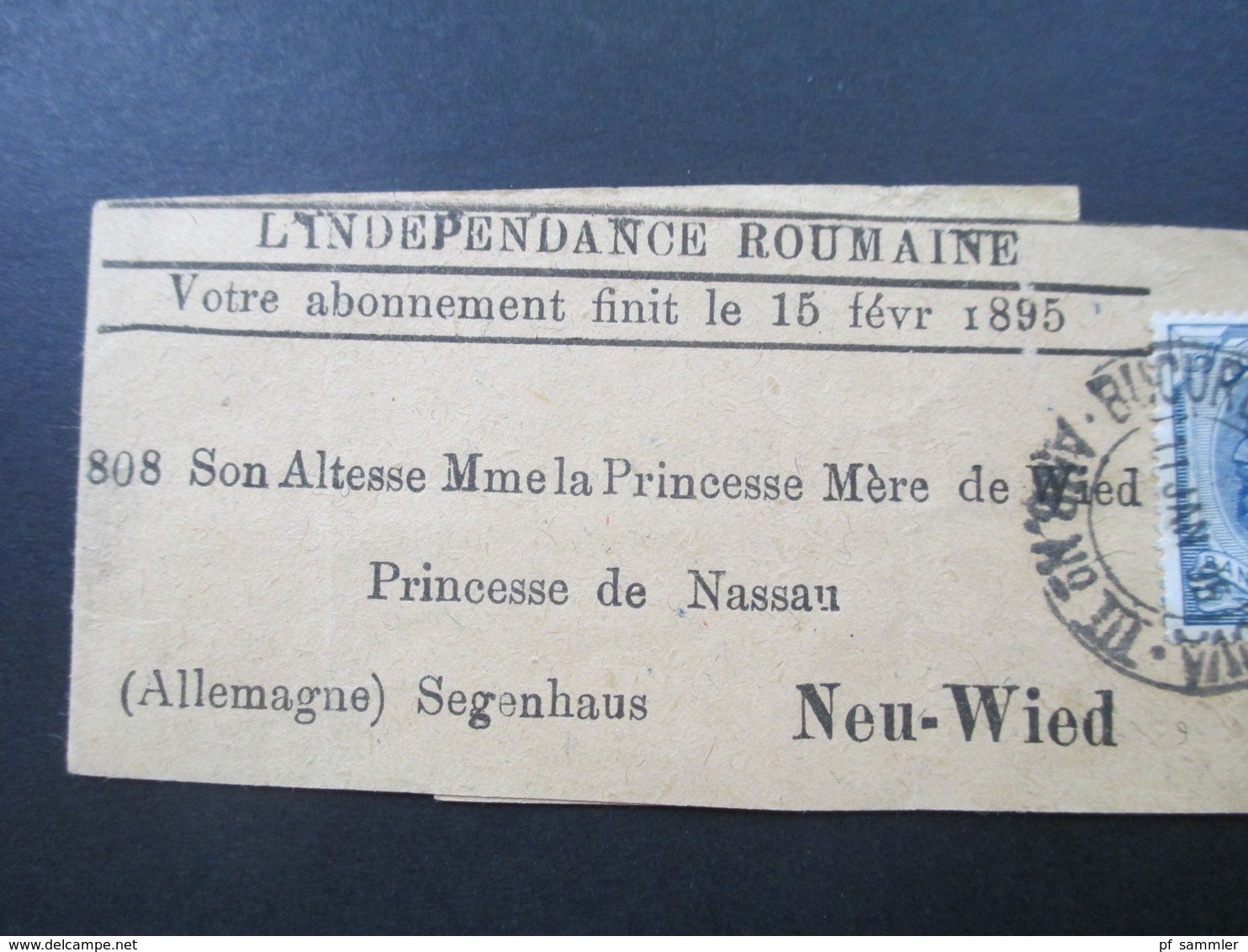 Streifband 1895 An Die Princesse De Nassau / Prinzessin Marie Fürstin Zu Wied Segenhaus Aus Rumänien. Social Philately - Briefe U. Dokumente