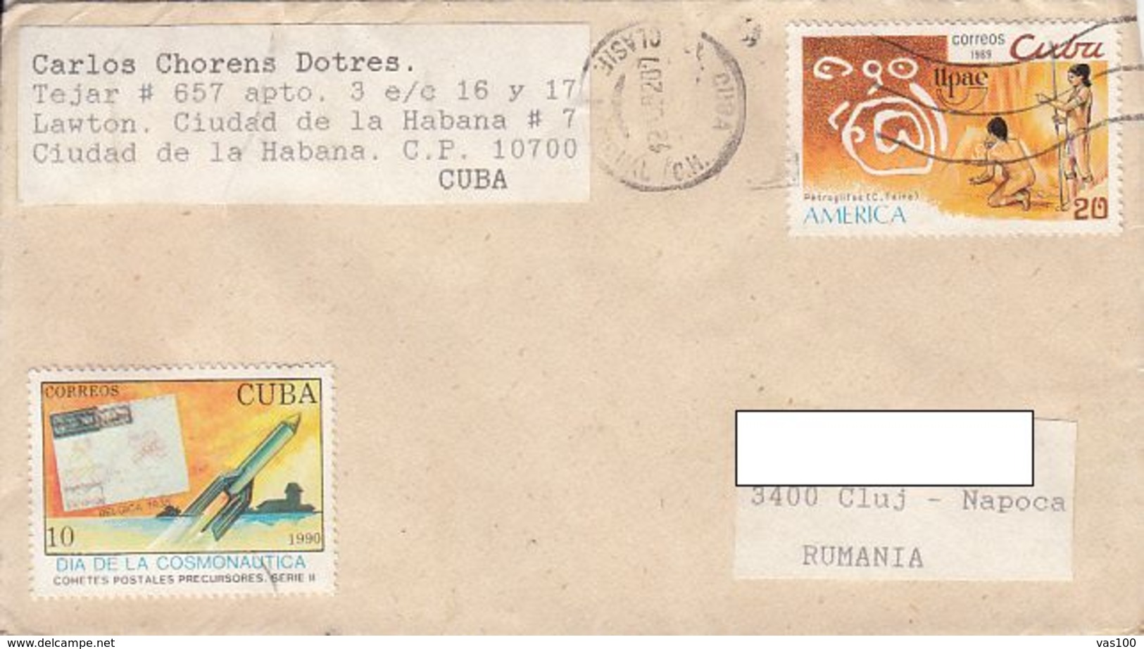 COSMONAUTICS, ANCIENT CAVE WRITINGS, STAMPS ON COVER, 1992, CUBA - Brieven En Documenten