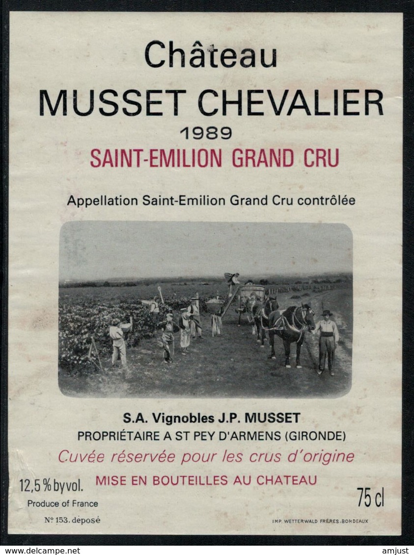 Etiquette De Vin // Bordeaux, Saint-Emilion 1989, Musset Chevalier - Pferde