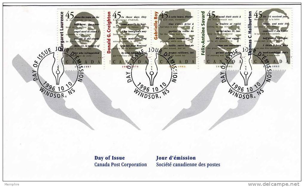 1996  Canadian Authors  Sc 1622-6  Se-tenant Strip Of 5 - 1991-2000