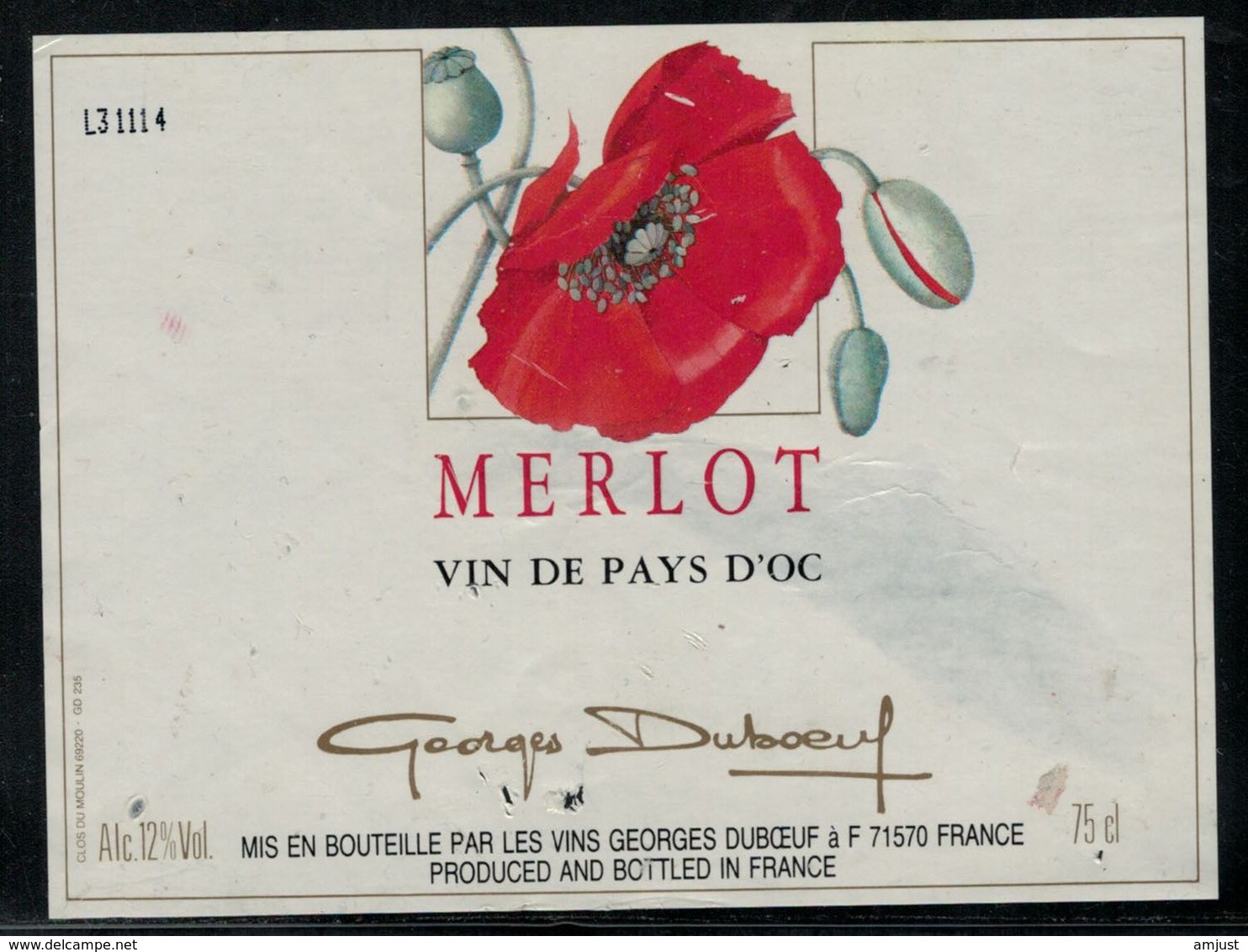 Etiquette De Vin // Merlot, Vin Du Pays D'OC, Coquelicot - Flowers