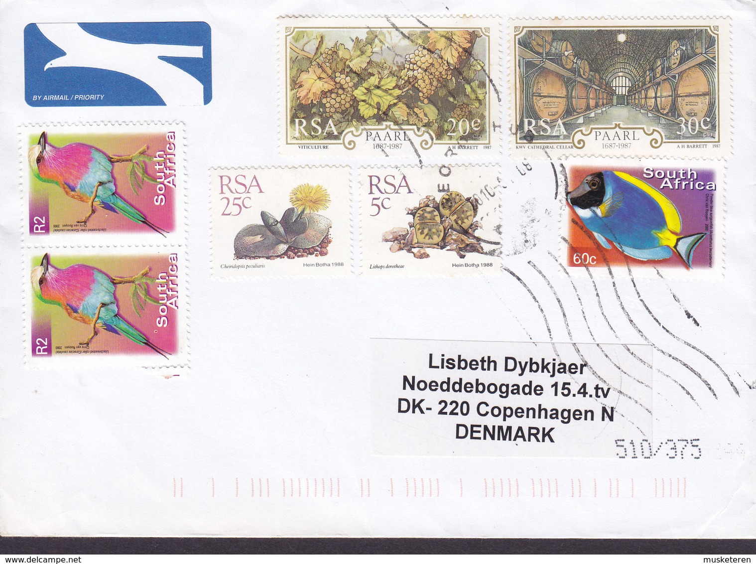 South Africa BY AIR MAIL / PRIORITY 2001? Cover Brief COPENHAGEN Denmark Grapes Fish Fische Poisson Bird Vogel Oiseau - Lettres & Documents