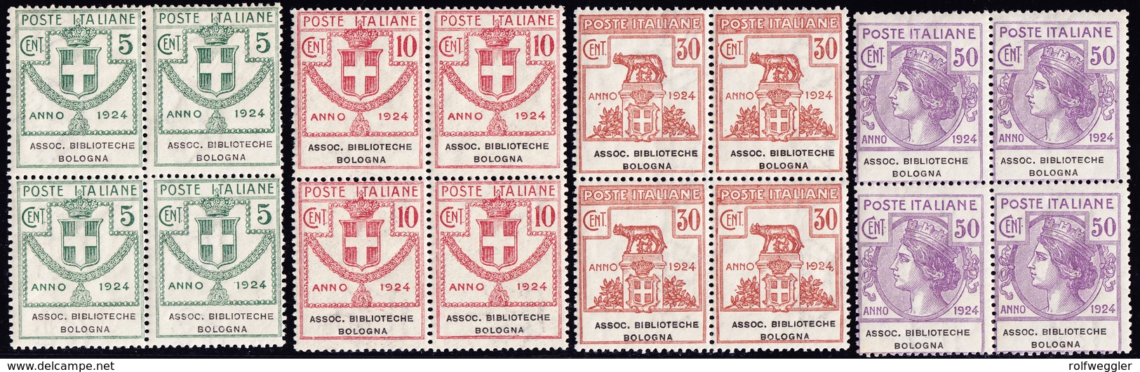 1924 ASSOC. BIBLIOTECHE BOLOGNA 5c-50c Komplette Serie Im 4-er Block; Sas Nr. 1-4; Euro 1550.- - Tax On Money Orders