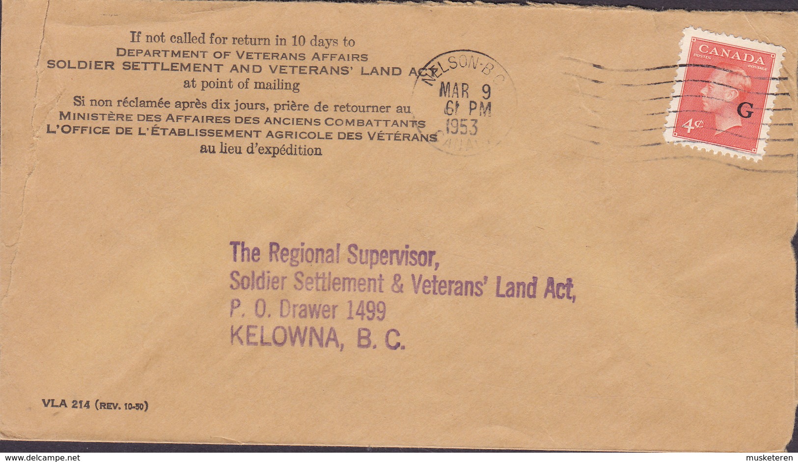 Canada DEPARTMENT OF VETERANS AFFAIRS, NELSON 1953 Cover Brief KELOWNA B.C. GVI. G Overprinted Stamp - Opdrukken