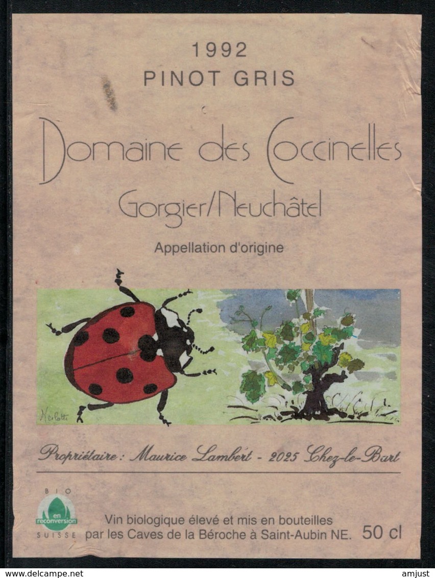 Etiquette De Vin // Pinot Gris, Domaine Des Coccinelles, Gorgier/Neuchâtel - Coccinelles