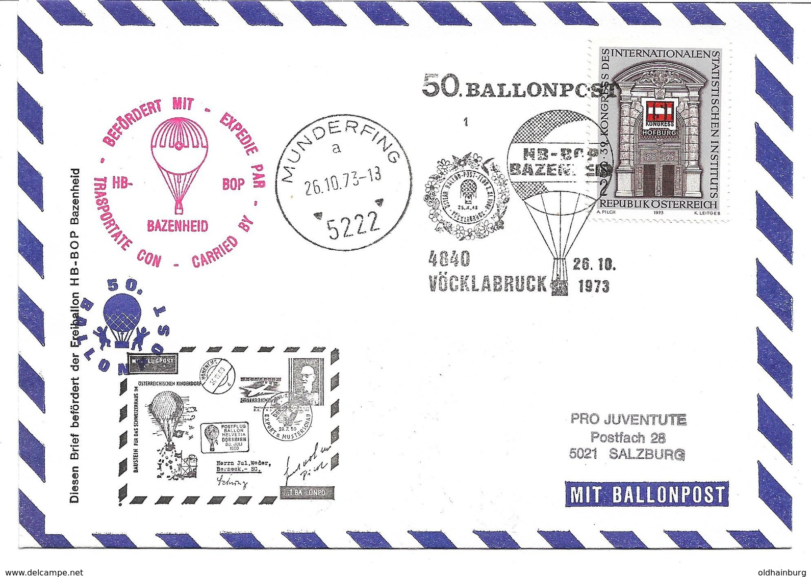 1670g: Heimatbeleg 5222 Munderfing 1973, Ballonbeförderung - Braunau